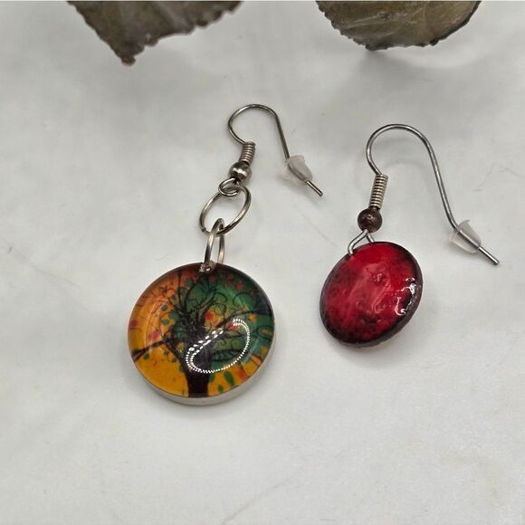 "5/$25" Mismatched Art Tree Circle Dangle Earrings - Picture 2 of 8